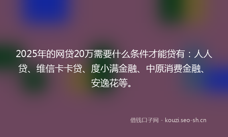2025年的网贷20万需要什么条件才能贷有：人人贷、维信卡卡贷、度小满金融、中原消费金融、安逸花等。