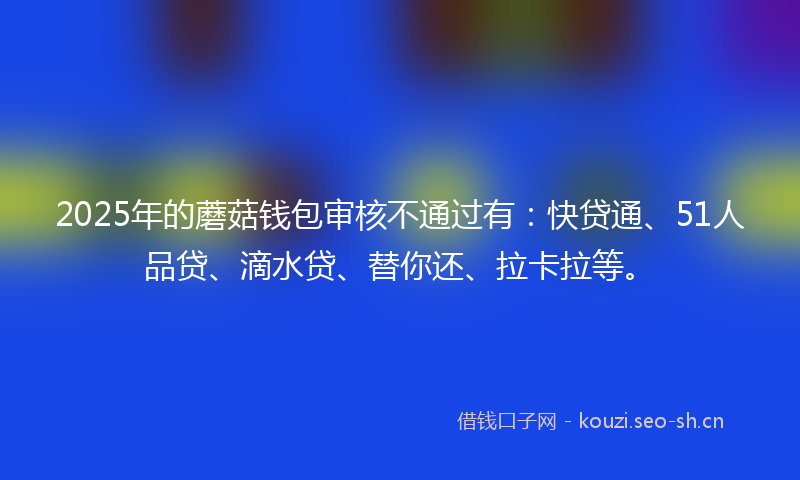 2025年的蘑菇钱包审核不通过有：快贷通、51人品贷、滴水贷、替你还、拉卡拉等。