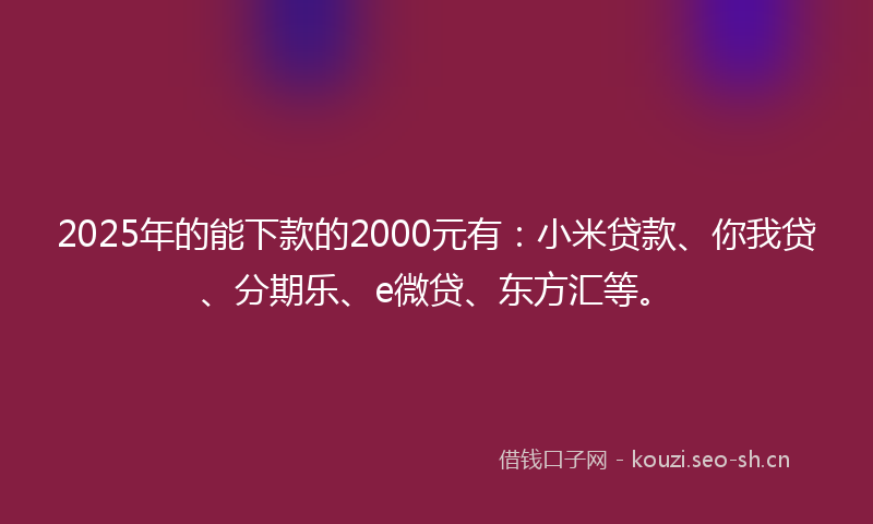 2025年的能下款的2000元有：小米贷款、你我贷、分期乐、e微贷、东方汇等。