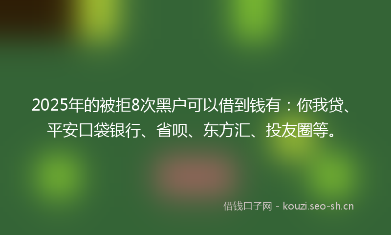 2025年的被拒8次黑户可以借到钱有：你我贷、平安口袋银行、省呗、东方汇、投友圈等。