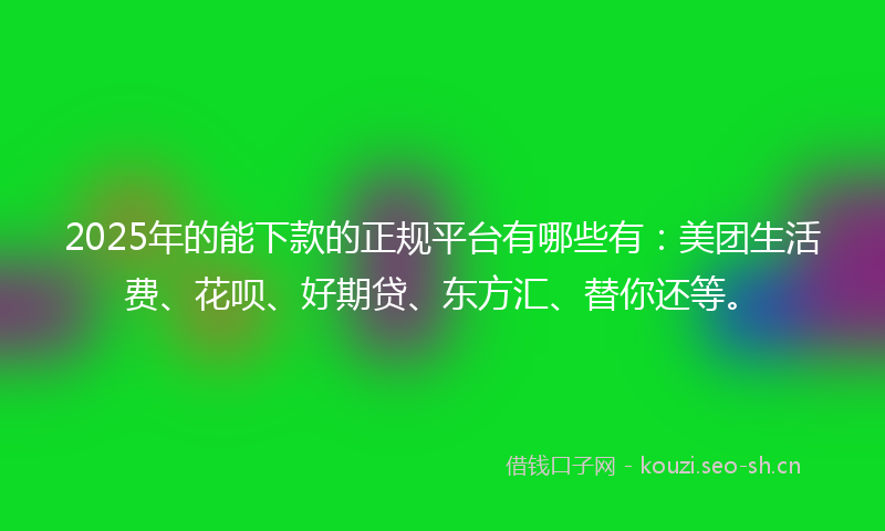 2025年的能下款的正规平台有哪些有：美团生活费、花呗、好期贷、东方汇、替你还等。