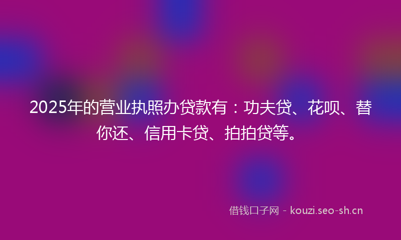 2025年的营业执照办贷款有：功夫贷、花呗、替你还、信用卡贷、拍拍贷等。