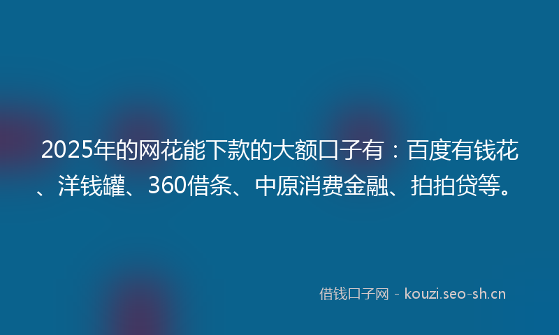 2025年的网花能下款的大额口子有：百度有钱花、洋钱罐、360借条、中原消费金融、拍拍贷等。
