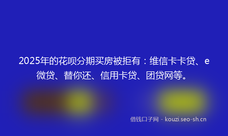 2025年的花呗分期买房被拒有：维信卡卡贷、e微贷、替你还、信用卡贷、团贷网等。