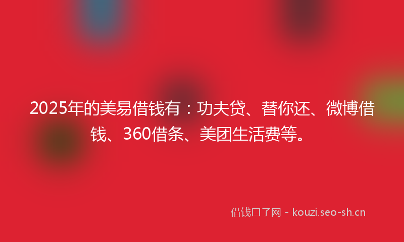 2025年的美易借钱有：功夫贷、替你还、微博借钱、360借条、美团生活费等。