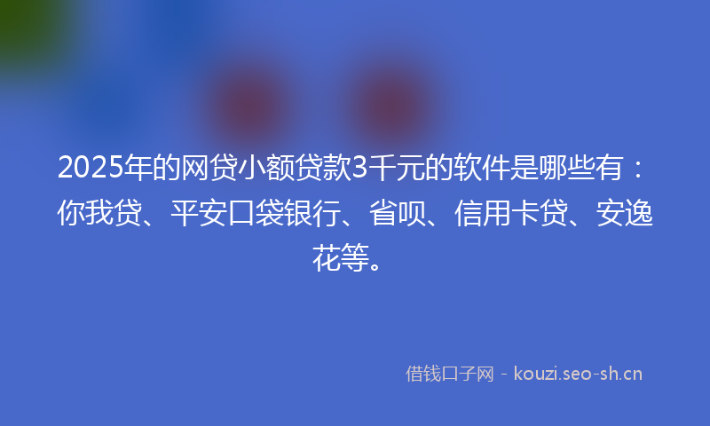 2025年的网贷小额贷款3千元的软件是哪些有：你我贷、平安口袋银行、省呗、信用卡贷、安逸花等。