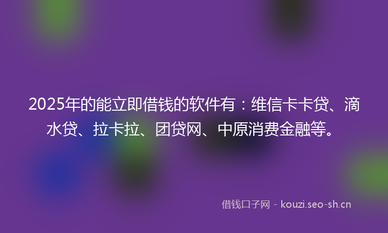 2025年的能立即借钱的软件有：维信卡卡贷、滴水贷、拉卡拉、团贷网、中原消费金融等。