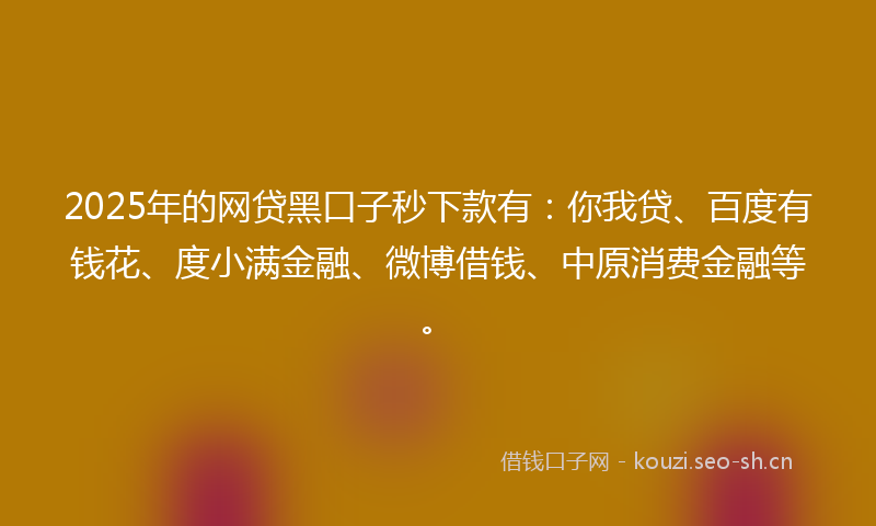 2025年的网贷黑口子秒下款有：你我贷、百度有钱花、度小满金融、微博借钱、中原消费金融等。