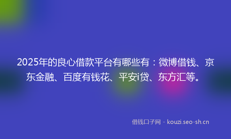 2025年的良心借款平台有哪些有：微博借钱、京东金融、百度有钱花、平安i贷、东方汇等。