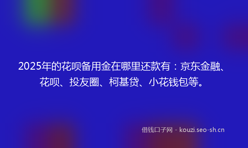 2025年的花呗备用金在哪里还款有：京东金融、花呗、投友圈、柯基贷、小花钱包等。