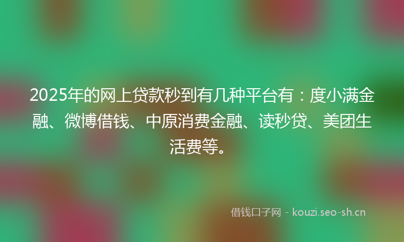 2025年的网上贷款秒到有几种平台有：度小满金融、微博借钱、中原消费金融、读秒贷、美团生活费等。