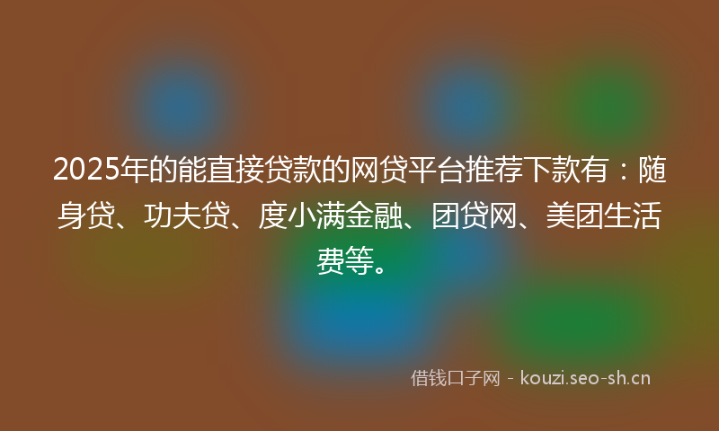 2025年的能直接贷款的网贷平台推荐下款有：随身贷、功夫贷、度小满金融、团贷网、美团生活费等。