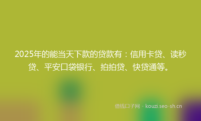 2025年的能当天下款的贷款有：信用卡贷、读秒贷、平安口袋银行、拍拍贷、快贷通等。