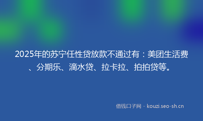 2025年的苏宁任性贷放款不通过有：美团生活费、分期乐、滴水贷、拉卡拉、拍拍贷等。