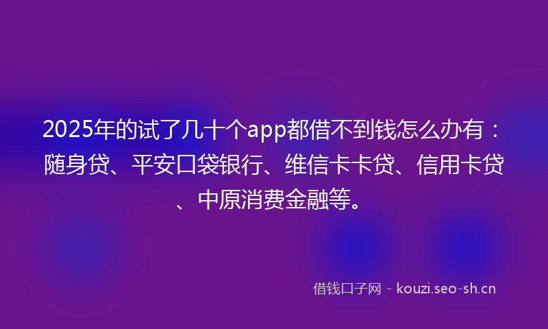 2025年的试了几十个app都借不到钱怎么办有：随身贷、平安口袋银行、维信卡卡贷、信用卡贷、中原消费金融等。