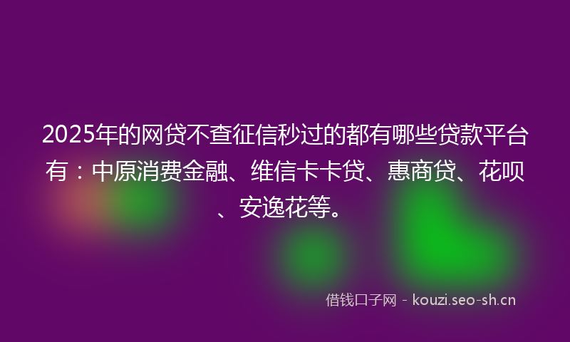 2025年的网贷不查征信秒过的都有哪些贷款平台有：中原消费金融、维信卡卡贷、惠商贷、花呗、安逸花等。