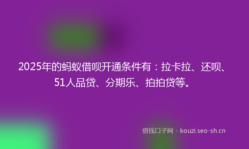 2025年的蚂蚁借呗开通条件有：拉卡拉、还呗、51人品贷、分期乐、拍拍贷等。