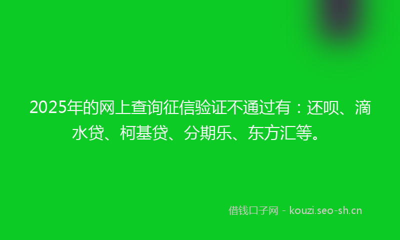 2025年的网上查询征信验证不通过有：还呗、滴水贷、柯基贷、分期乐、东方汇等。