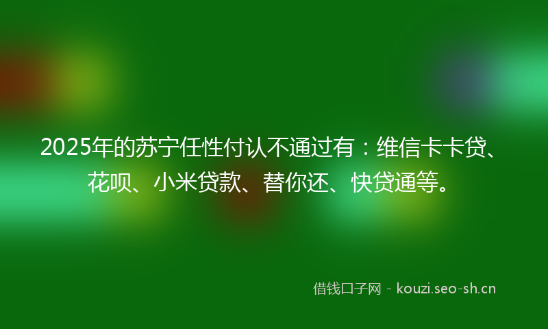 2025年的苏宁任性付认不通过有：维信卡卡贷、花呗、小米贷款、替你还、快贷通等。