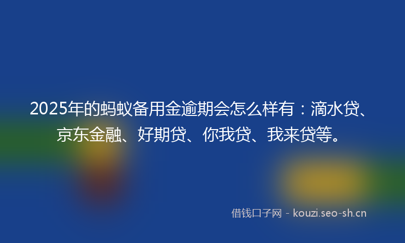 2025年的蚂蚁备用金逾期会怎么样有：滴水贷、京东金融、好期贷、你我贷、我来贷等。