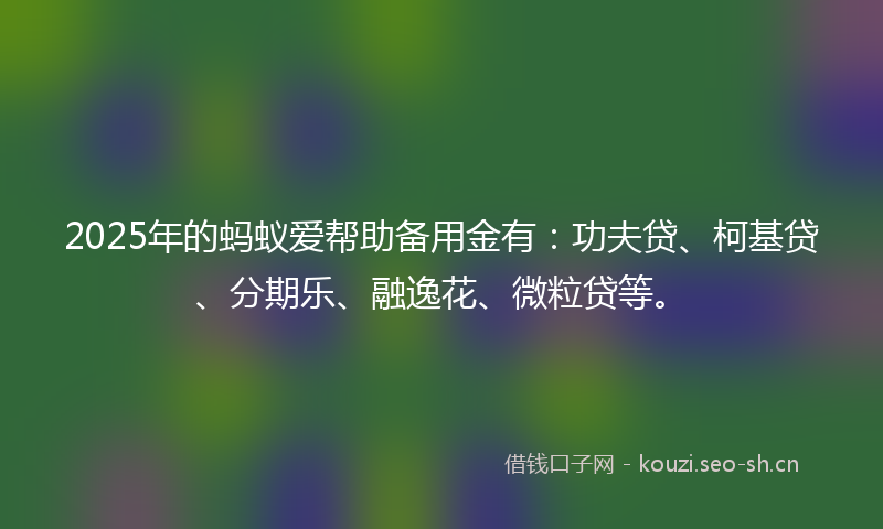 2025年的蚂蚁爱帮助备用金有：功夫贷、柯基贷、分期乐、融逸花、微粒贷等。
