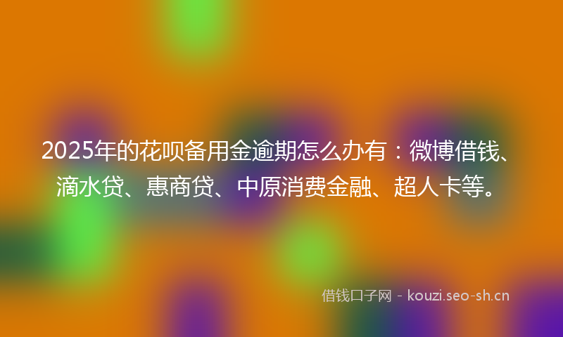 2025年的花呗备用金逾期怎么办有：微博借钱、滴水贷、惠商贷、中原消费金融、超人卡等。