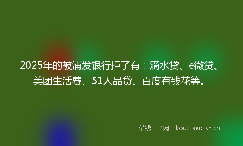 2025年的被浦发银行拒了有：滴水贷、e微贷、美团生活费、51人品贷、百度有钱花等。