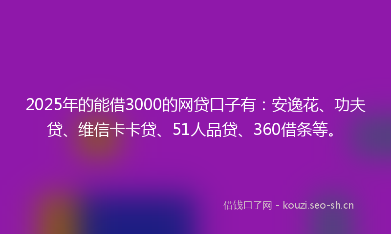 2025年的能借3000的网贷口子有：安逸花、功夫贷、维信卡卡贷、51人品贷、360借条等。