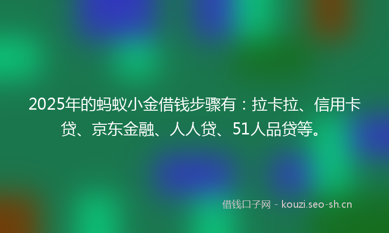 2025年的蚂蚁小金借钱步骤有：拉卡拉、信用卡贷、京东金融、人人贷、51人品贷等。