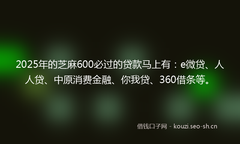 2025年的芝麻600必过的贷款马上有：e微贷、人人贷、中原消费金融、你我贷、360借条等。