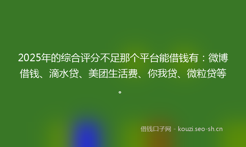 2025年的综合评分不足那个平台能借钱有：微博借钱、滴水贷、美团生活费、你我贷、微粒贷等。