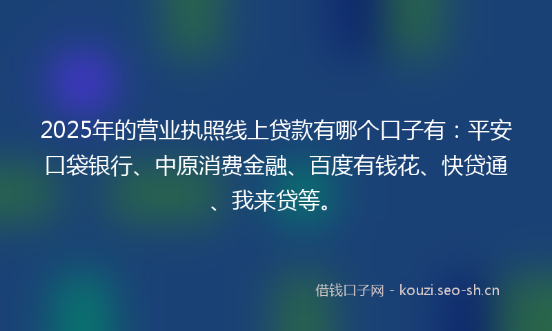 2025年的营业执照线上贷款有哪个口子有：平安口袋银行、中原消费金融、百度有钱花、快贷通、我来贷等。