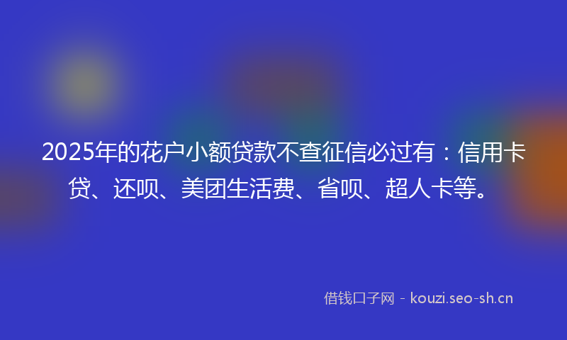 2025年的花户小额贷款不查征信必过有：信用卡贷、还呗、美团生活费、省呗、超人卡等。