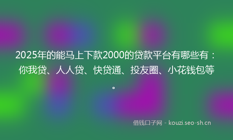 2025年的能马上下款2000的贷款平台有哪些有：你我贷、人人贷、快贷通、投友圈、小花钱包等。