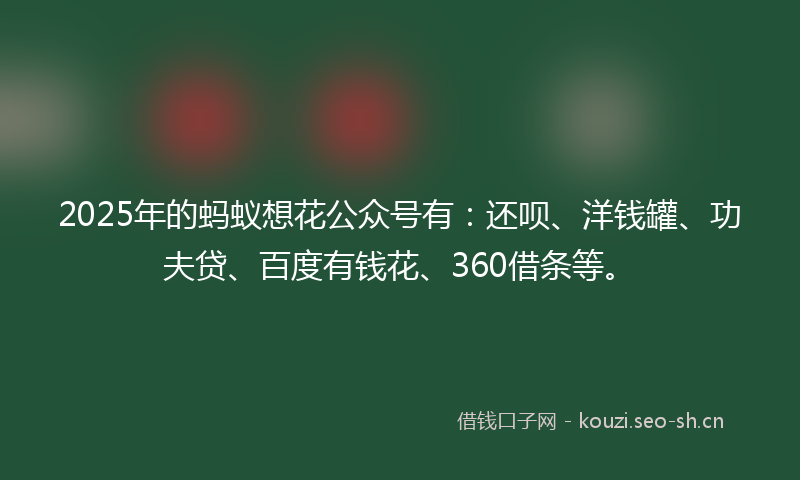 2025年的蚂蚁想花公众号有：还呗、洋钱罐、功夫贷、百度有钱花、360借条等。