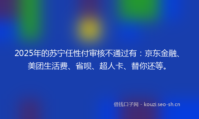 2025年的苏宁任性付审核不通过有：京东金融、美团生活费、省呗、超人卡、替你还等。