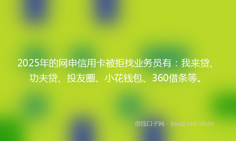2025年的网申信用卡被拒找业务员有：我来贷、功夫贷、投友圈、小花钱包、360借条等。