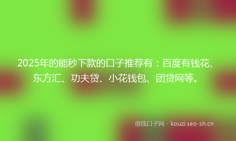 2025年的能秒下款的口子推荐有：百度有钱花、东方汇、功夫贷、小花钱包、团贷网等。