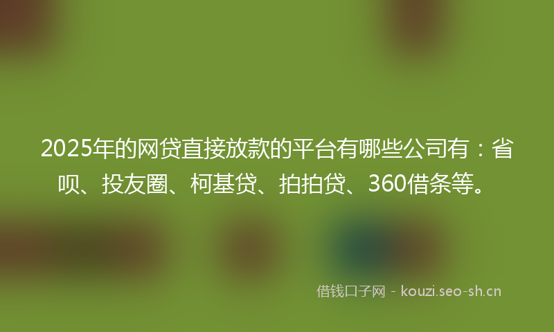 2025年的网贷直接放款的平台有哪些公司有:省呗、投友圈、柯基贷、拍拍贷、360借条等。