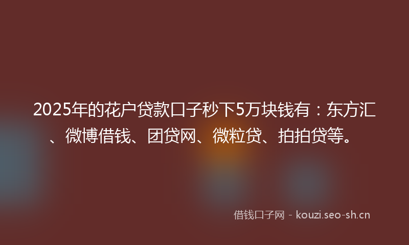 2025年的花户贷款口子秒下5万块钱有：东方汇、微博借钱、团贷网、微粒贷、拍拍贷等。