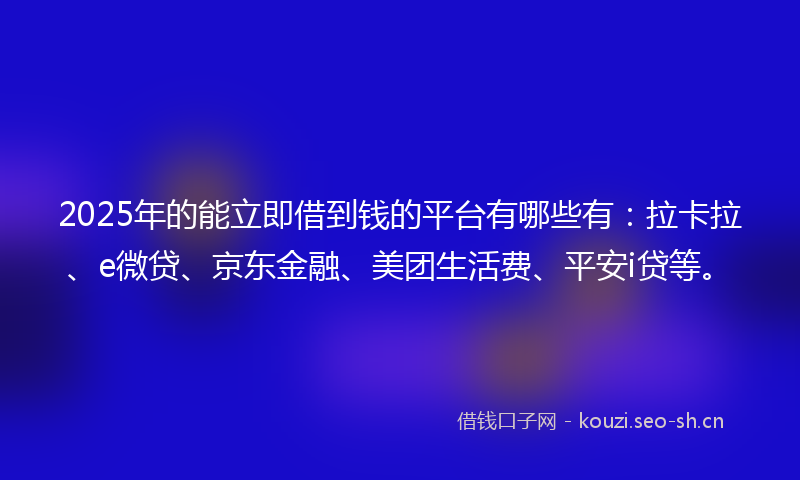 2025年的能立即借到钱的平台有哪些有：拉卡拉、e微贷、京东金融、美团生活费、平安i贷等。