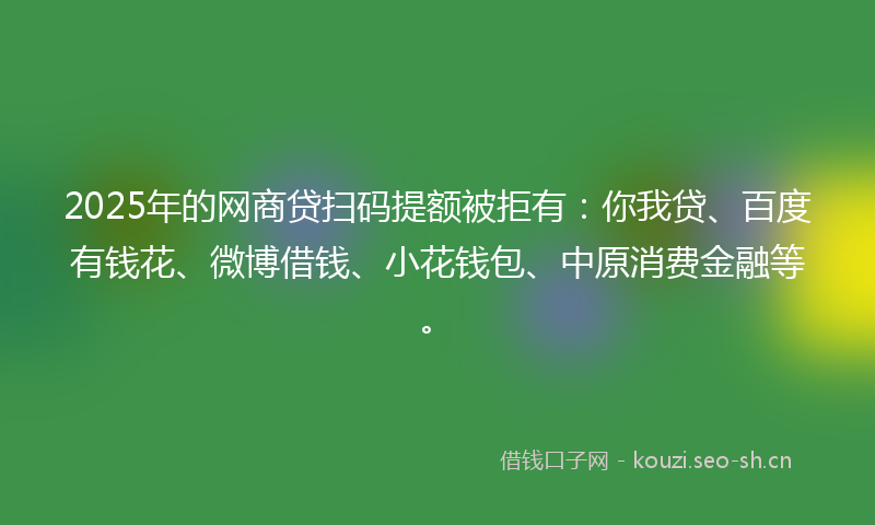 2025年的网商贷扫码提额被拒有：你我贷、百度有钱花、微博借钱、小花钱包、中原消费金融等。