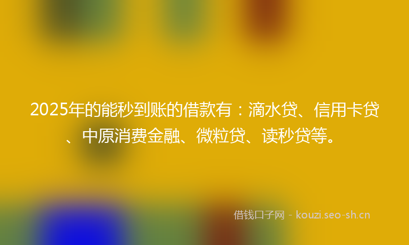 2025年的能秒到账的借款有：滴水贷、信用卡贷、中原消费金融、微粒贷、读秒贷等。