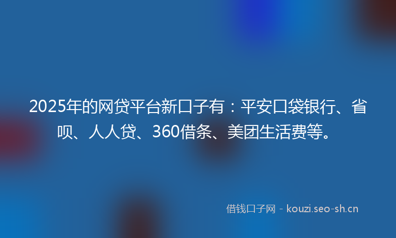2025年的网贷平台新口子有：平安口袋银行、省呗、人人贷、360借条、美团生活费等。