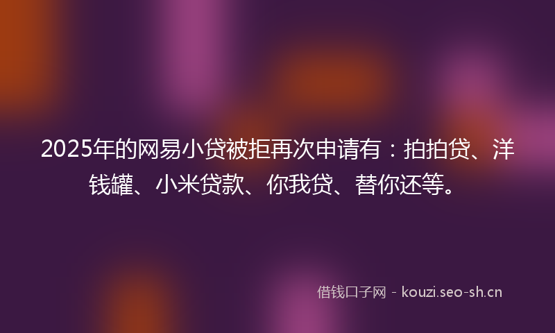2025年的网易小贷被拒再次申请有：拍拍贷、洋钱罐、小米贷款、你我贷、替你还等。