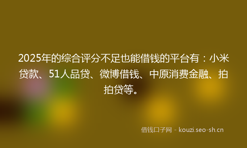 2025年的综合评分不足也能借钱的平台有：小米贷款、51人品贷、微博借钱、中原消费金融、拍拍贷等。