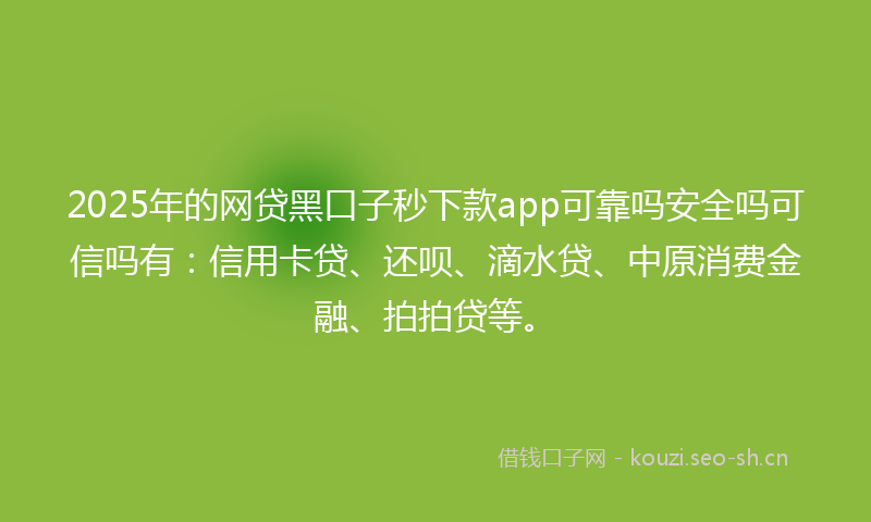 2025年的网贷黑口子秒下款app可靠吗安全吗可信吗有：信用卡贷、还呗、滴水贷、中原消费金融、拍拍贷等。