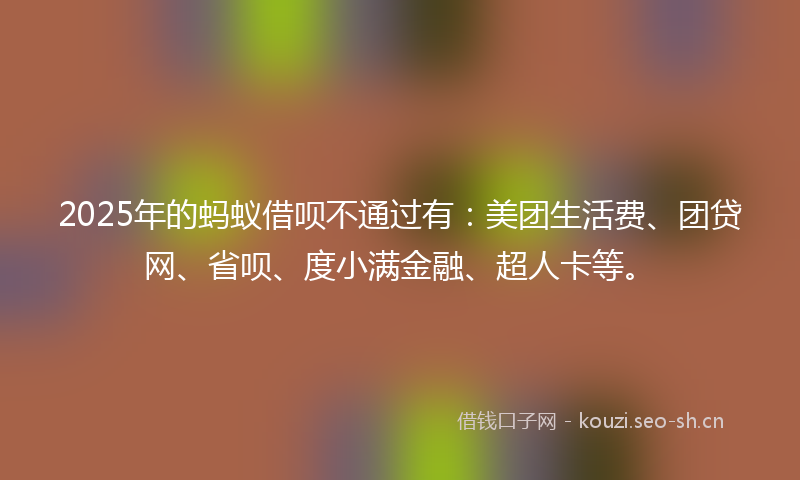 2025年的蚂蚁借呗不通过有：美团生活费、团贷网、省呗、度小满金融、超人卡等。