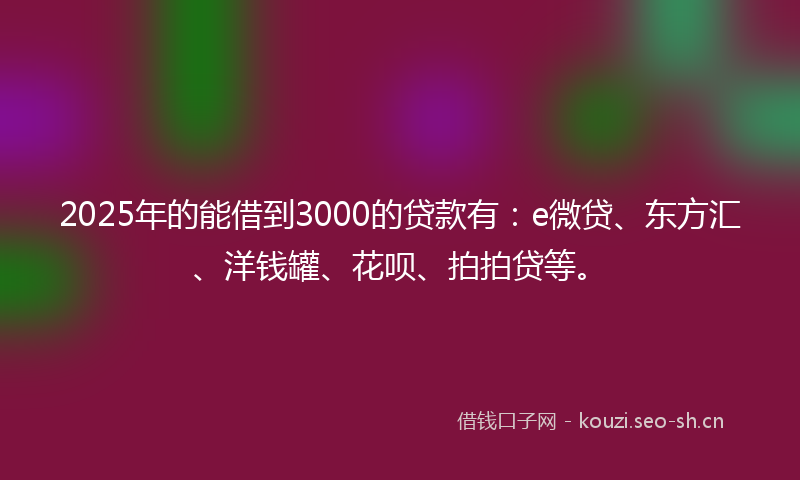 2025年的能借到3000的贷款有：e微贷、东方汇、洋钱罐、花呗、拍拍贷等。