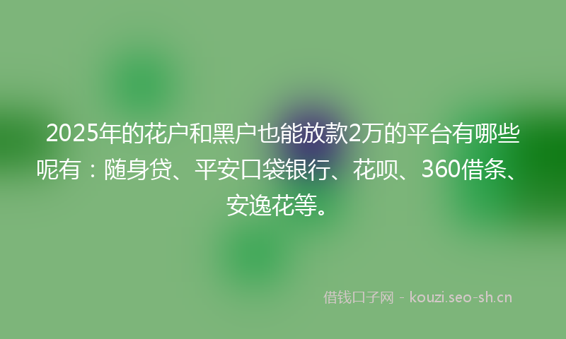 2025年的花户和黑户也能放款2万的平台有哪些呢有：随身贷、平安口袋银行、花呗、360借条、安逸花等。